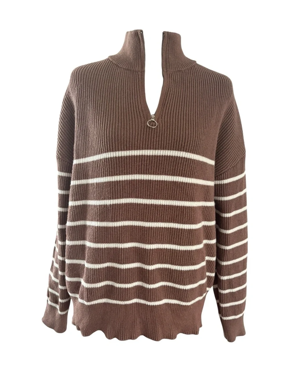 Striped Brown Half‑Zip Cowl Neck Sweater